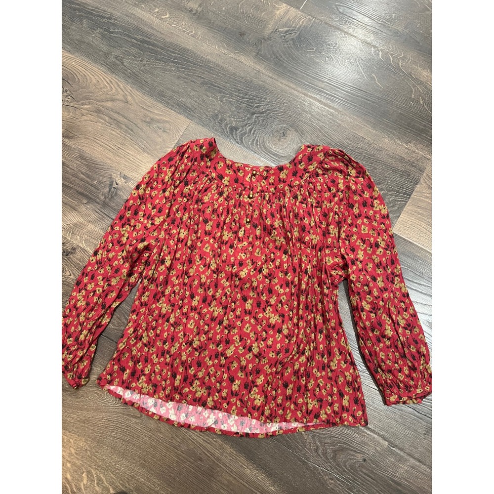 Garnet Hill Red Floral Print Long Sleeve Square Neck Blouse Top Women's‎ Size L
